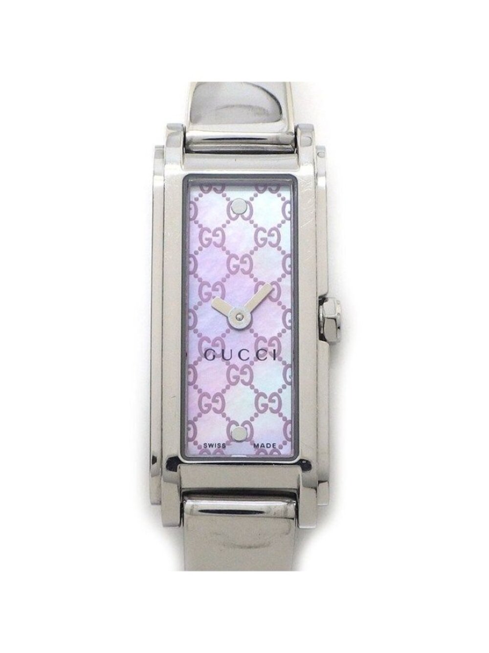 Gucci Watch Bracelet 109 Bangle Horsebit Rectangular GG Logo Pink Shell Dial SS